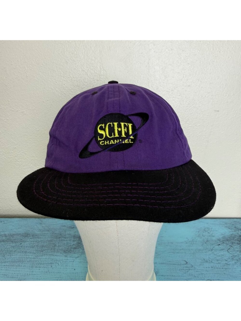 Vintage 90s Sci-Fi Channel Logo Snapback Hat Purple & Black Adjustable Cap